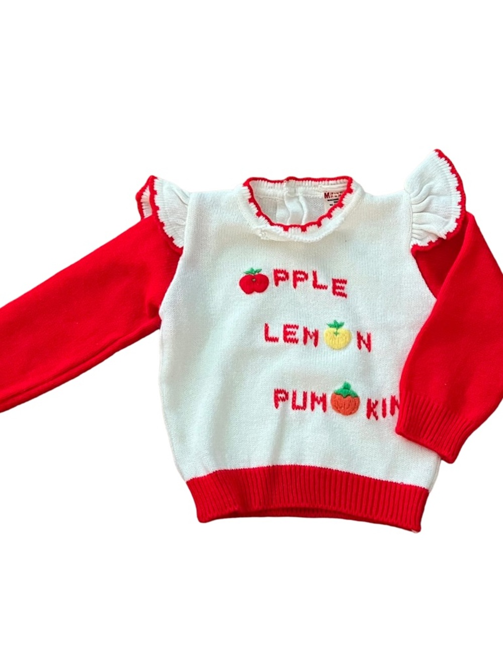 Vintage 70s 80s ruffle shoulder fruit knit sweater 12-18 mos